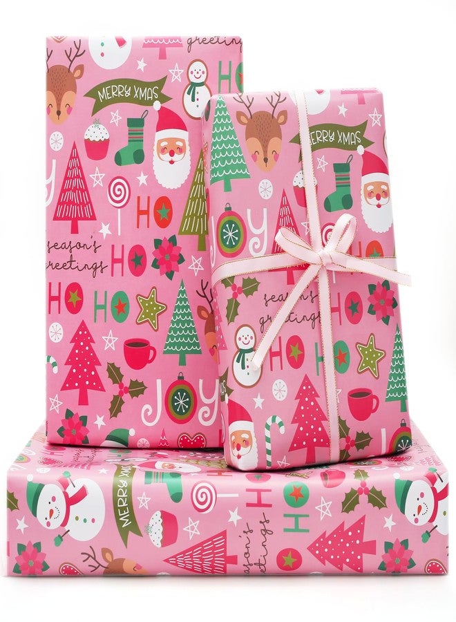 AirCool Baby Pink Merry Christmas Santa Wrapping Paper with Ribbon - 7 Sheets, 28x20 Inches - Perfect for Kids, Girls & Women - Image 1